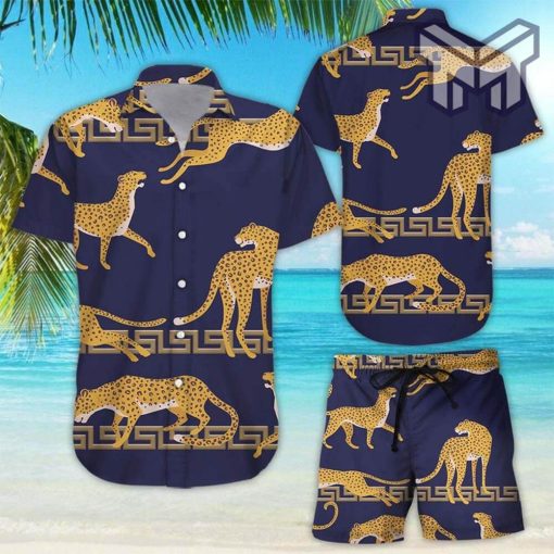 Yellow Leopard Print Shirt Leopard Animal On Purple Background Hawaiian Shirts and short