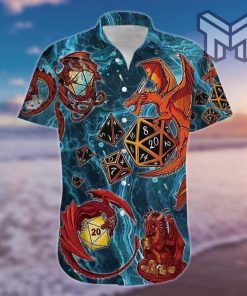 Amazing Lucky Dragon Playing Dice Blue Hawaiian Graphic Print Short Sleeve Hawaiian Casual Shirt