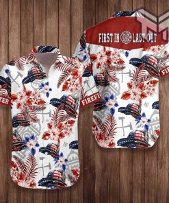 American Flag Helmet Firefighter Seamless Hawaiian Graphic Print Short Sleeve Hawaiian Shirt