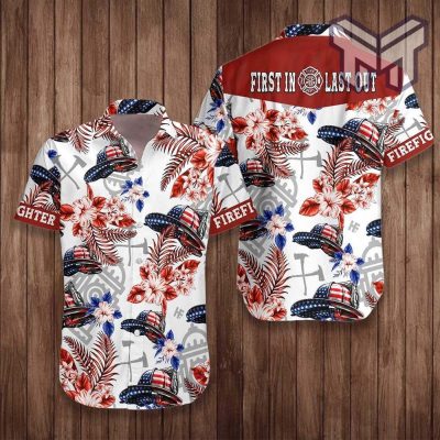 American Flag Helmet Firefighter Seamless Hawaiian Graphic Print Short Sleeve Hawaiian Shirt