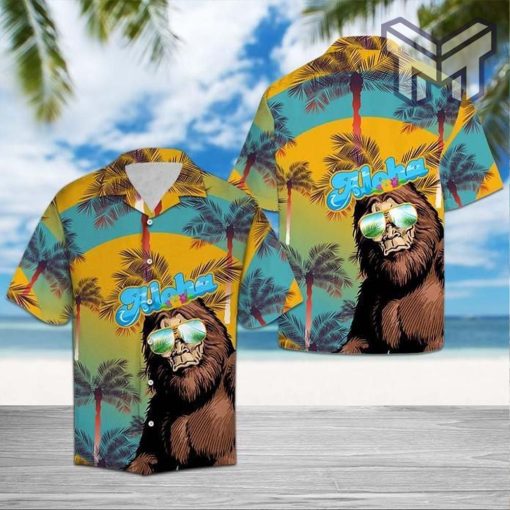 Bigfoot Aloha Hawaiian Graphic Print Short Sleeve Hawaiian Shirt