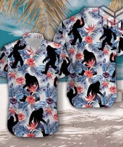 Bigfoot Camping Tropical Flowers Hawaiian Graphic Print Short Sleeve Hawaiian Shirt