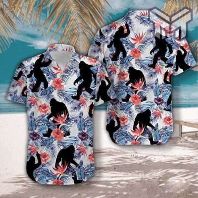 Bigfoot Camping Tropical Flowers Hawaiian Graphic Print Short Sleeve Hawaiian Shirt