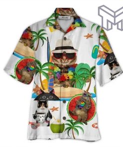 Cat In Beach Tropical Hawaiian Graphic Print Short Sleeve Hawaiian Shirt