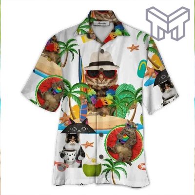 Cat In Beach Tropical Hawaiian Graphic Print Short Sleeve Hawaiian Shirt