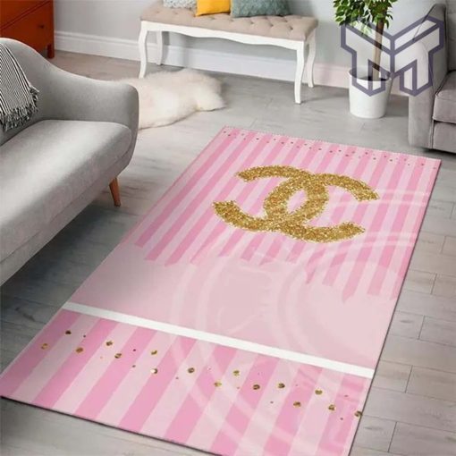 Chanel Pinky Golden Logo Luxury Fashion Luxury Brand Premium Rug Carpet For Living Room Home Decoration