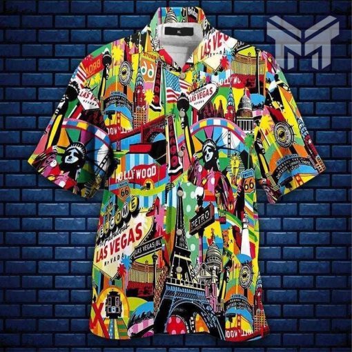 Colorful Las Vegas City American Hawaiian Graphic Print Short Sleeve Hawaiian Shirt