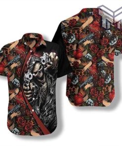 Cool Gun Skull Hawaiian Graphic Print Short Sleeve Hawaiian Shirt