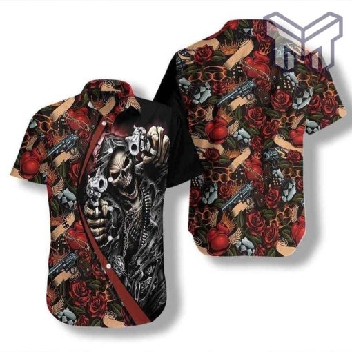 Cool Gun Skull Hawaiian Graphic Print Short Sleeve Hawaiian Shirt