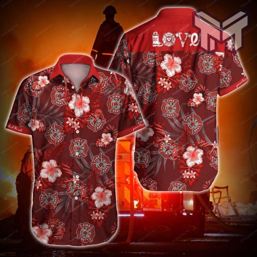 Firefighter Red Love Red Hawaiian Graphic Print Short Sleeve Hawaiian Casual Shirt