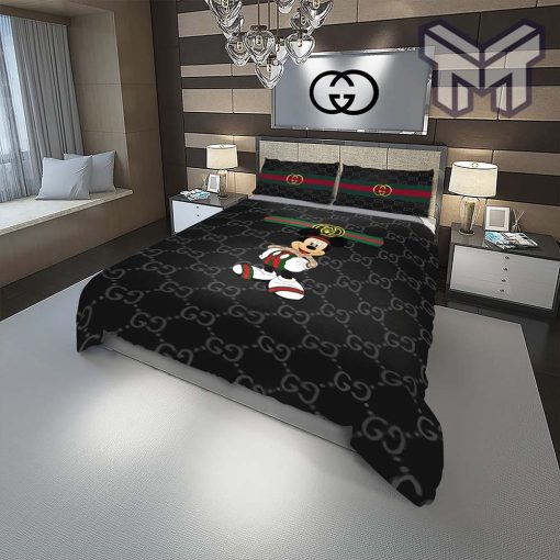 Gucci Bedding Set, Gucci Mickey Black Fashion Logo Luxury Brand Bedding Set Home Decor