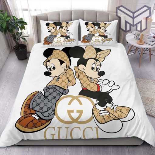 Gucci Bedding Set, Gucci Mickey Couple Logo Luxury Brand Bedding Set Home Decor