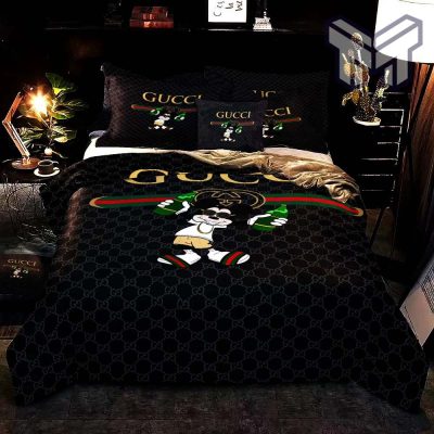 Gucci Bedding Set, Gucci Mickey Drinking Fashion Logo Luxury Brand Premium Bedding Set Home Decor