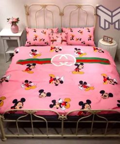 Gucci Bedding Set, Gucci Micky Mouse Pink Luxury Brand Bedding Set Bedspread Duvet Cover Set Home Decor