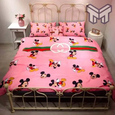 Gucci Bedding Set, Gucci Micky Mouse Pink Luxury Brand Bedding Set Bedspread Duvet Cover Set Home Decor