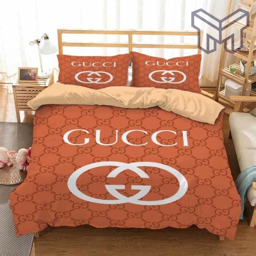 Gucci Bedding Set, Gucci Orange Fashion Luxury Brand Bedding Set Home Decor