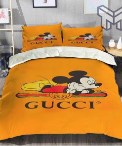 Gucci Bedding Set, Gucci Orange Mickey Fashion Logo Luxury Brand Bedding Set Home Decor