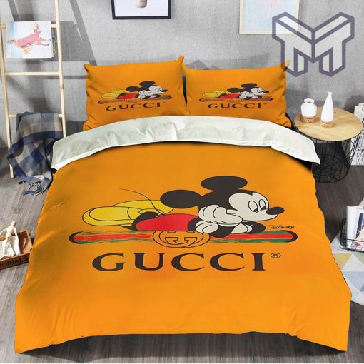 Gucci Bedding Set, Gucci Orange Mickey Fashion Logo Luxury Brand Bedding Set Home Decor