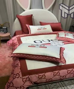 Gucci Bedding Set, Gucci Pinky White Luxury Brand Premium Bedding Set Bedspread Duvet Cover Set Home Decor