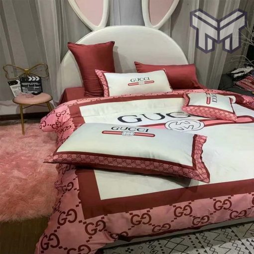 Gucci Bedding Set, Gucci Pinky White Luxury Brand Premium Bedding Set Bedspread Duvet Cover Set Home Decor