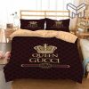 Gucci Bedding Set, Gucci Queen Brown Fashion Logo Luxury Brand Premium Bedding Set Home Decor