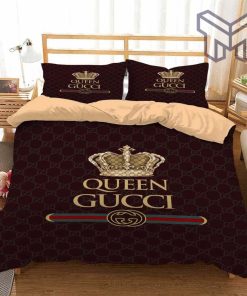 Gucci Bedding Set, Gucci Queen Brown Fashion Logo Luxury Brand Premium Bedding Set Home Decor