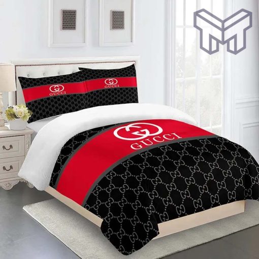 Gucci Bedding Set, Gucci Red Black Premium Luxury Brand Fashion Limited Bedding Set Home Decor