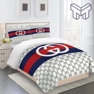 Gucci Bedding Set, Gucci Red Blue White Fashion Logo Limited Luxury Brand Bedding Set Home Decor