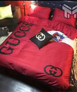 Gucci Bedding Set, Gucci Red Logo Luxury Brand Bedding Set Home Decor