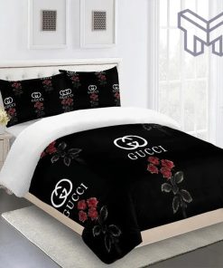 Gucci Bedding Set, Gucci Roses Black Luxury Brand Premium Bedding Set Duvet Cover Home Decor