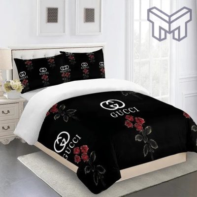 Gucci Bedding Set, Gucci Roses Black Luxury Brand Premium Bedding Set Duvet Cover Home Decor