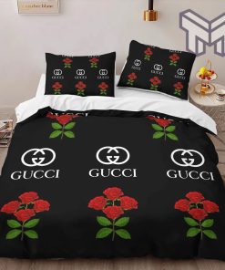 Gucci Bedding Set, Gucci Roses Fashion Logo Premium Luxury Brand High-End Bedding Set LV Home Decor