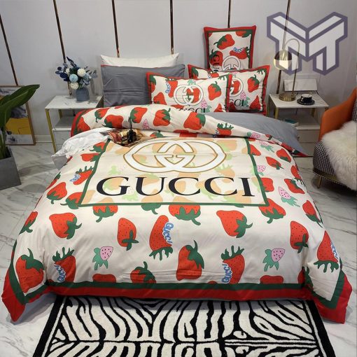 Gucci Bedding Set, Gucci Strawberry Fashion Logo Luxury Brand Bedding Set Home Decor