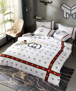 Gucci Bedding Set, Gucci White Bees Fashion Luxury Brand Bedding Set Home Decor