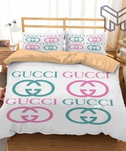 Gucci Bedding Set, Gucci White Color Fashion Luxury Brand Bedding Set Home Decor