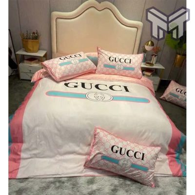 Gucci Bedding Set, Gucci White Pink Luxury Brand Bedding Set Bedspread Duvet Cover Set Home Decor