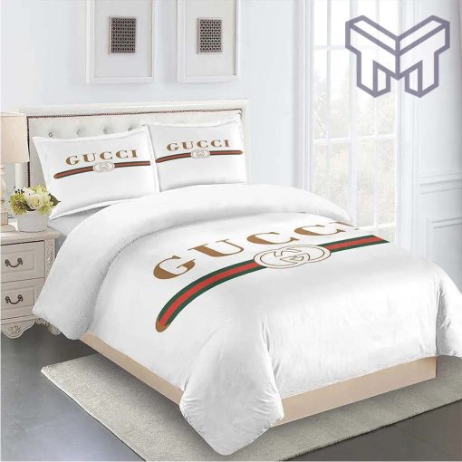 Gucci Bedding Set, Gucci White Premium Luxury Brand Fashion Limited Bedding Set Home Decor