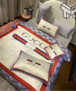 Gucci Bedding Set, Gucci White Violet Luxury Brand Premium Bedding Set Bedspread Duvet Cover Set Home Decor