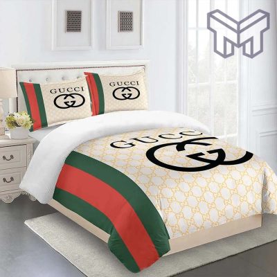 Gucci Bedding Set, Gucci Yellow Premium Limited Luxury Brand Fashion Bedding Set Home Decor