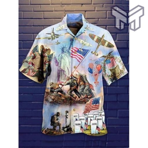 Happy Independence Day Veteran Hawaiian Graphic Print Short Sleeve Hawaiian Shirt