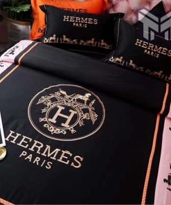 Hermes Bedding Set, Hermes Black Premium Logo Luxury Brand Bedding Set Home Decor