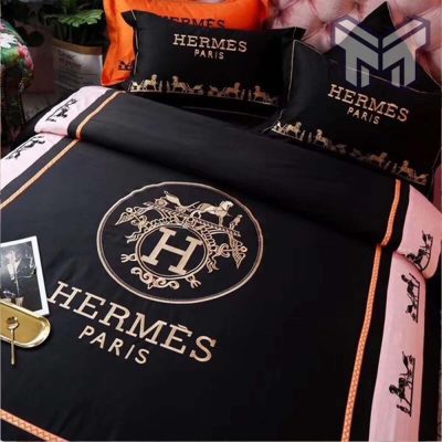 Hermes Bedding Set, Hermes Black Premium Logo Luxury Brand Bedding Set Home Decor