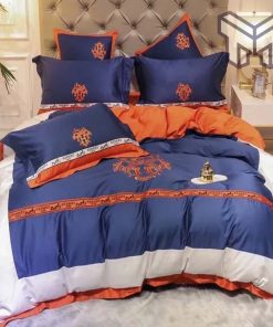 Hermes Bedding Set, Hermes Blue Logo Luxury Brand Bedding Set Duvet Cover Home Decor