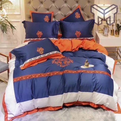 Hermes Bedding Set, Hermes Blue Logo Luxury Brand Bedding Set Duvet Cover Home Decor