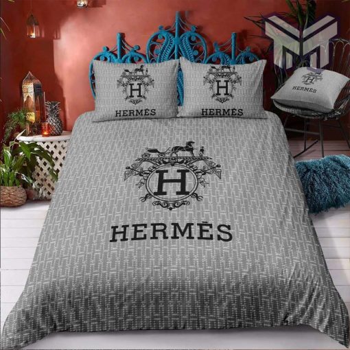 Hermes Bedding Set, Hermes Grey Luxury Brand Bedding Set Bedspread Duvet Cover Set Home Decor