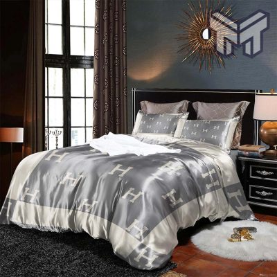 Hermes Bedding Set, Hermes Grey Premium Luxury Brand Bedding Set Duvet Cover Home Decor Special Gift