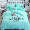 Hermes Bedding Set, Hermes Light Blue Premium Logo Luxury Brand Bedding Set Home Decor