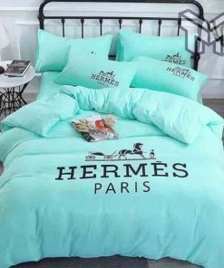 Hermes Bedding Set, Hermes Light Blue Premium Logo Luxury Brand Bedding Set Home Decor