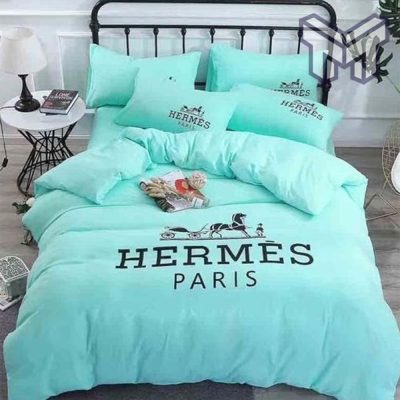 Hermes Bedding Set, Hermes Light Blue Premium Logo Luxury Brand Bedding Set Home Decor