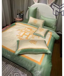 Hermes Bedding Set, Hermes Light Green Luxury Brand Bedding Set Duvet Cover Set Home Decor